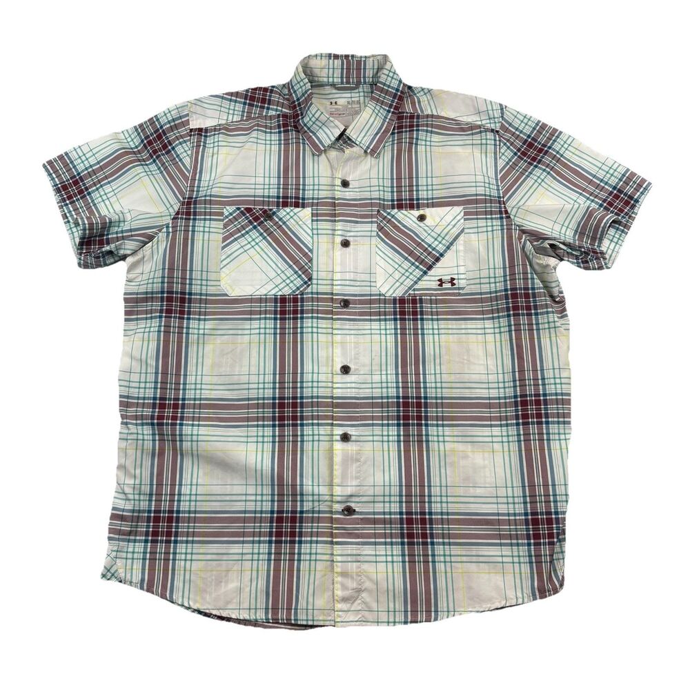 Under Armour Performance Button Up Shirt Mens XL Plaid Heatgear Short Sleeve